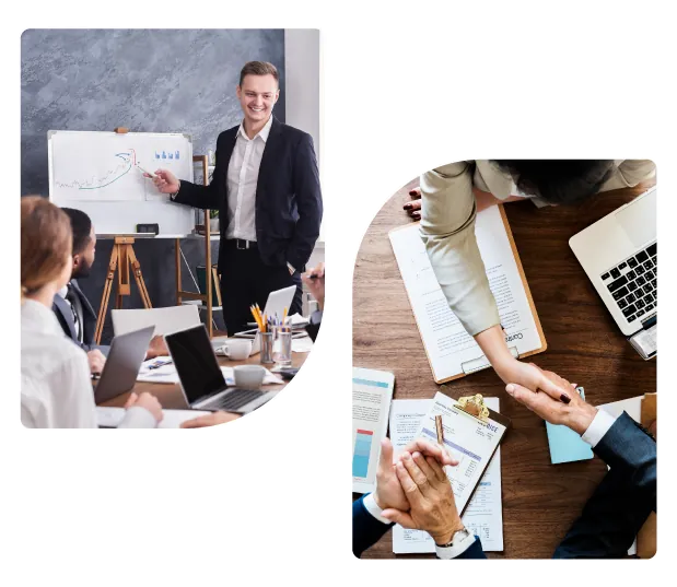 Employee Showing Business Growth Chart and Business Owner Shaking hands with Business Advisor